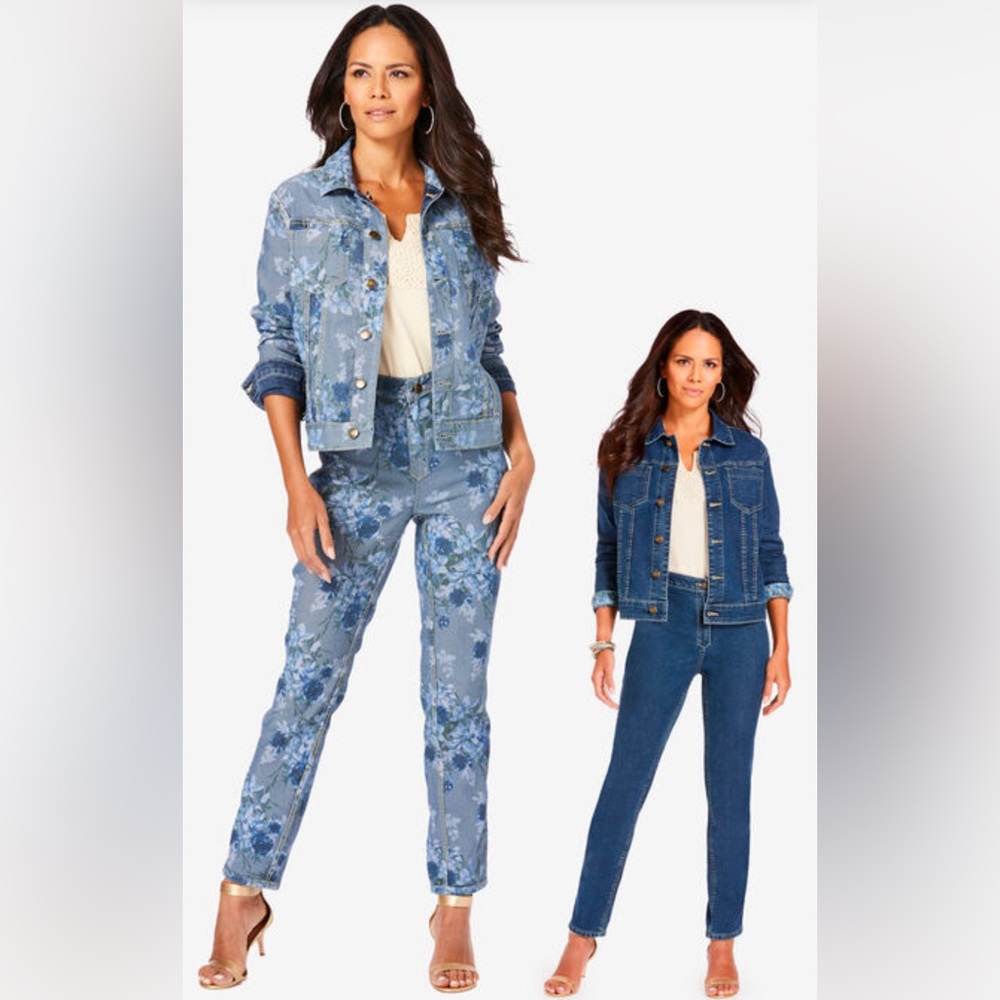 ROAMANS REVERSIBLE DENIM BLUE FLORAL / BLUE JEANS & JACKET SIZE 12 W